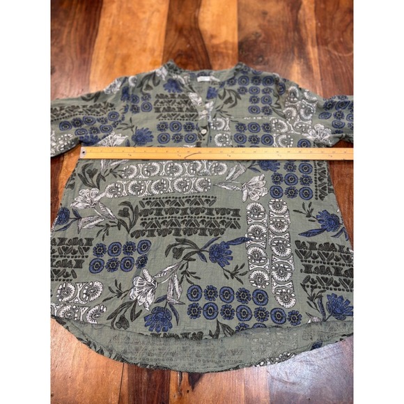 Made in Italy green floral Print 3/4 Sleeve Linen  button up blouse XL women's - Picture 8 of 12